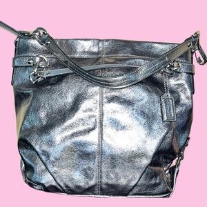 Coach Brooke Pewter Silver Metallic Crinkled Leather Hobo Handbag